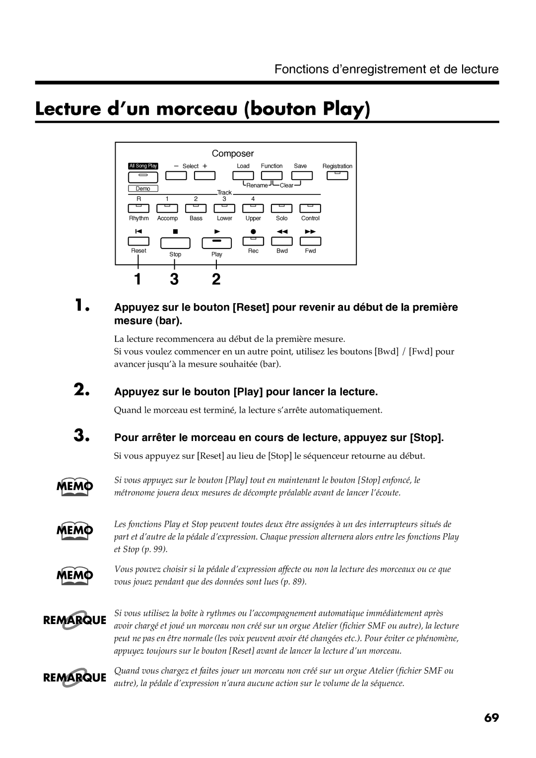 Roland AT30R manual Lecture d’un morceau bouton Play 