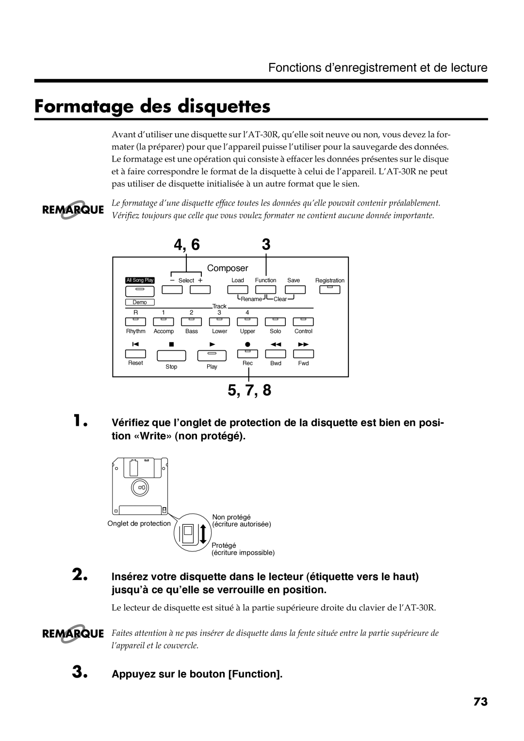 Roland AT30R manual Formatage des disquettes 