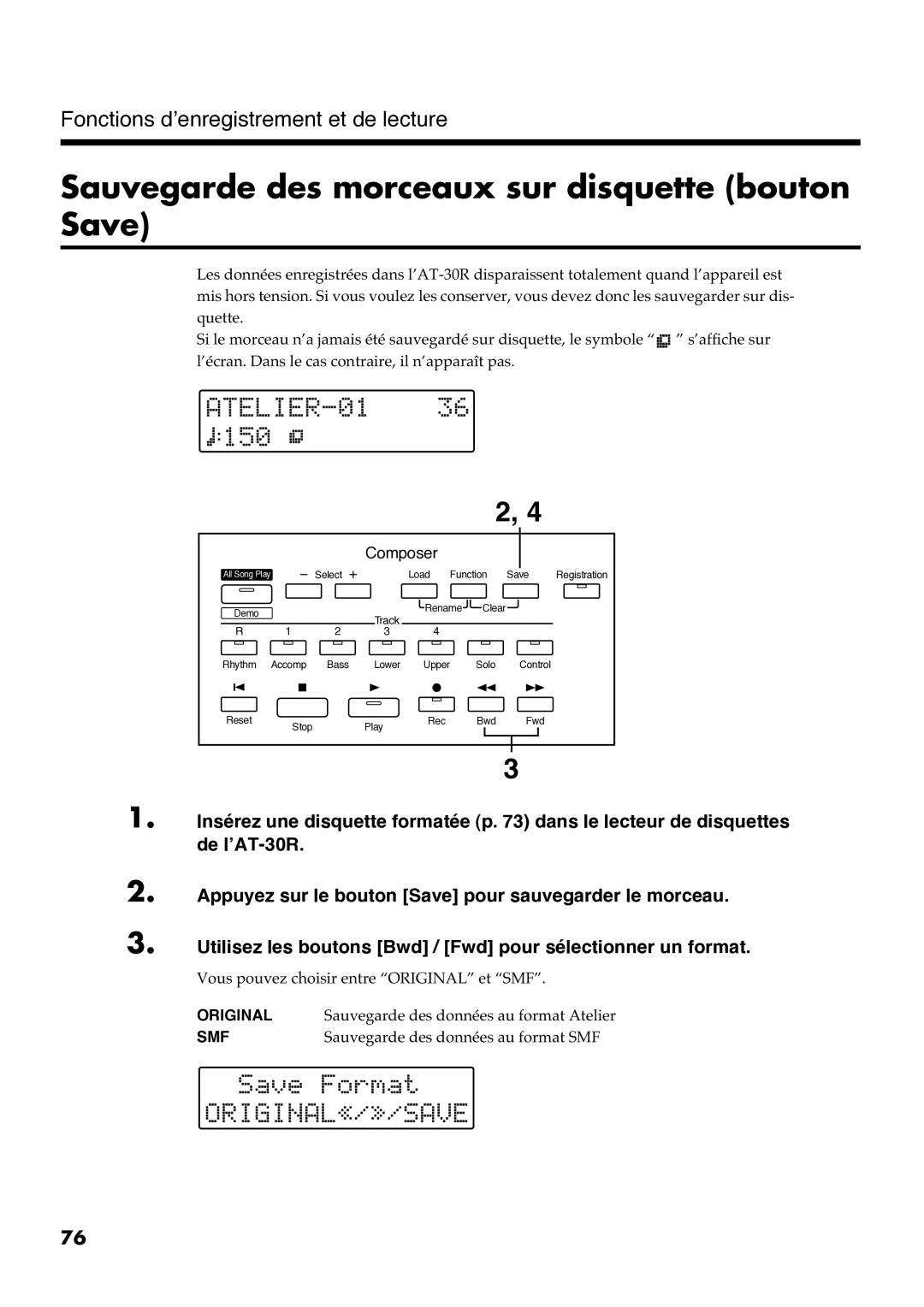 Roland AT30R manual Sauvegarde des morceaux sur disquette bouton Save 