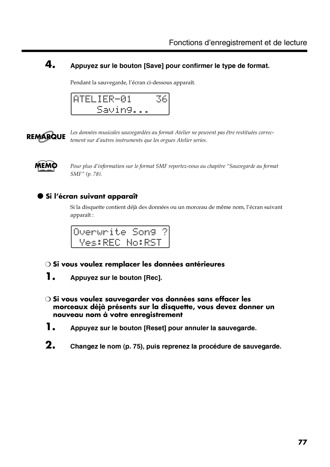 Roland AT30R manual Appuyez sur le bouton Save pour confirmer le type de format 