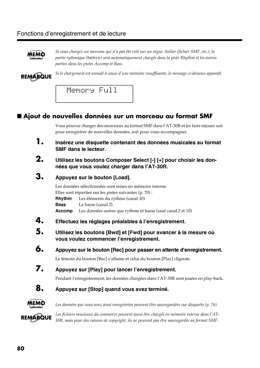 Roland AT30R manual Ajout de nouvelles données sur un morceau au format SMF 