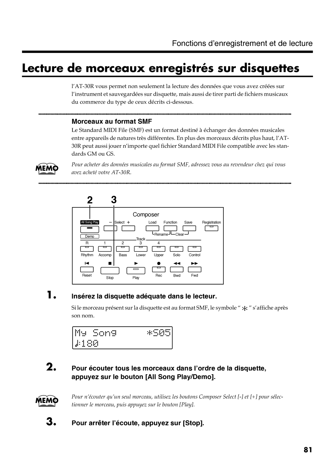 Roland AT30R manual Lecture de morceaux enregistrés sur disquettes, Morceaux au format SMF 