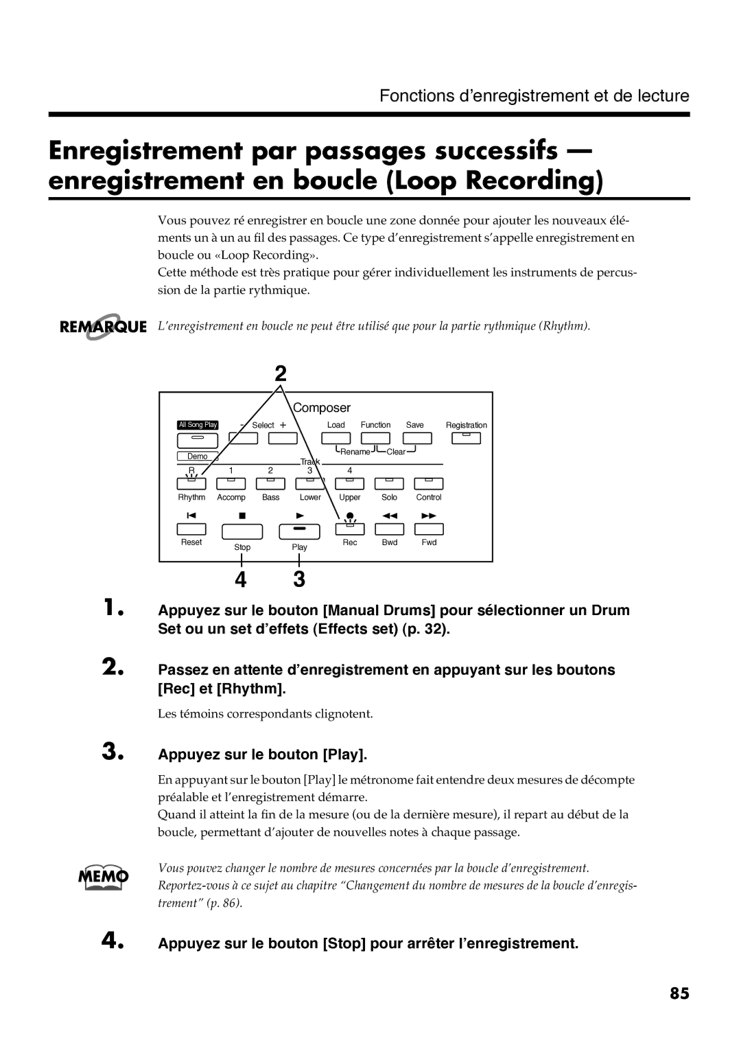 Roland AT30R manual Appuyez sur le bouton Stop pour arrêter l’enregistrement 