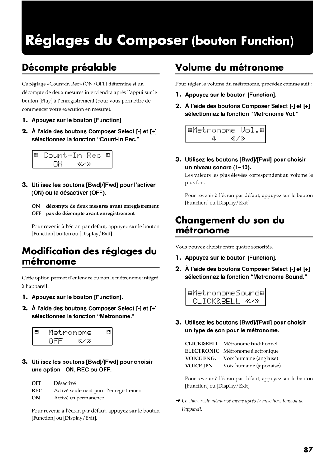 Roland AT30R manual Réglages du Composer bouton Function, Décompte préalable, Modification des réglages du métronome 