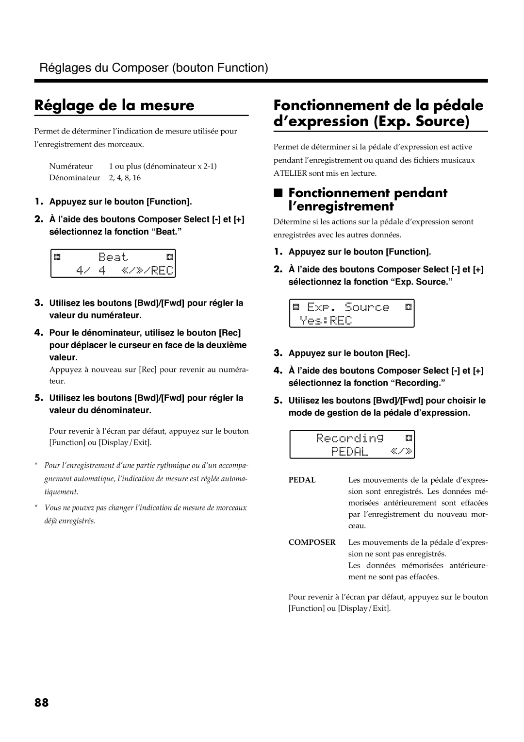 Roland AT30R manual Réglage de la mesure, Fonctionnement de la pédale d’expression Exp. Source 