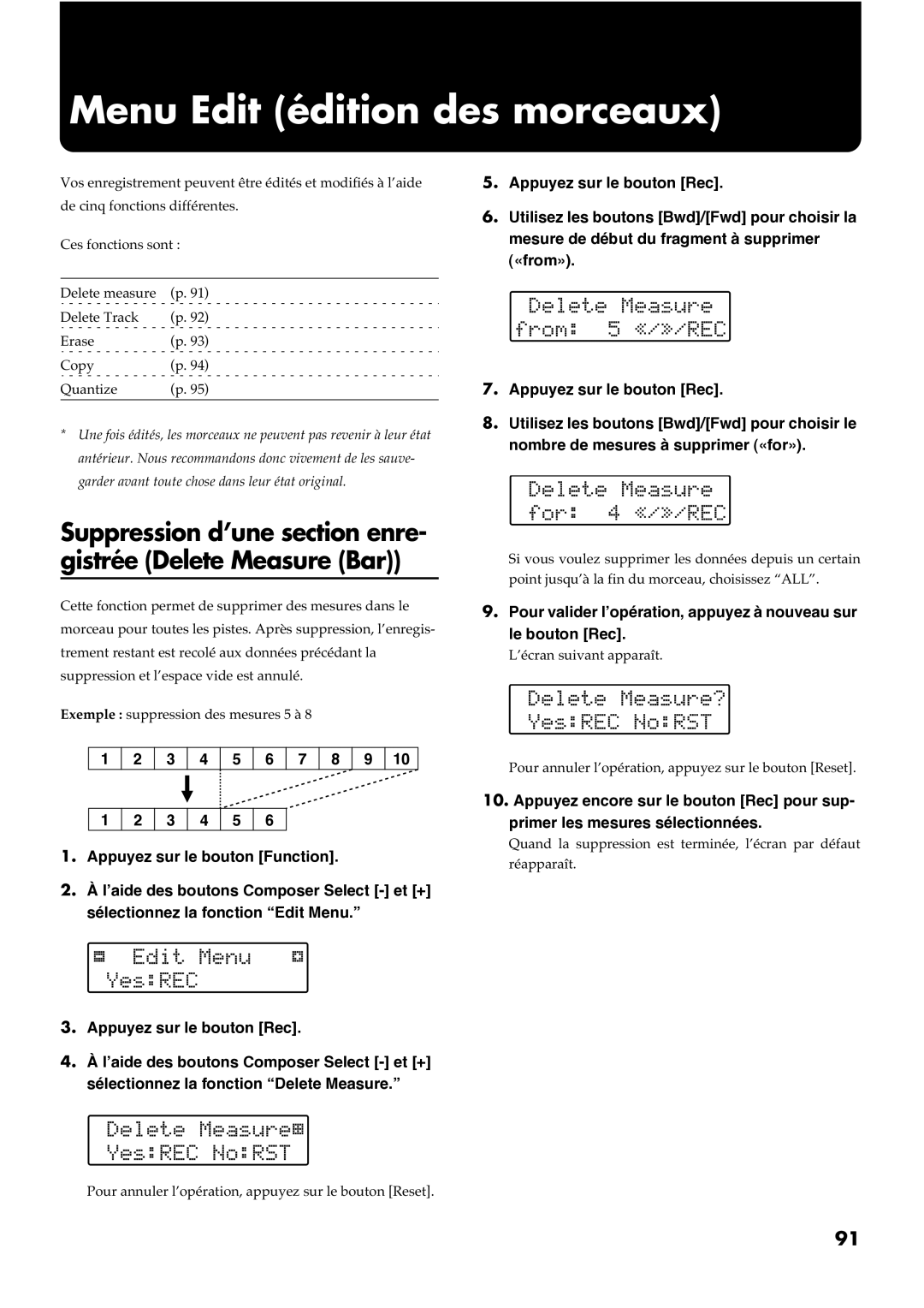 Roland AT30R manual Menu Edit édition des morceaux, Suppression d’une section enre- gistrée Delete Measure Bar 