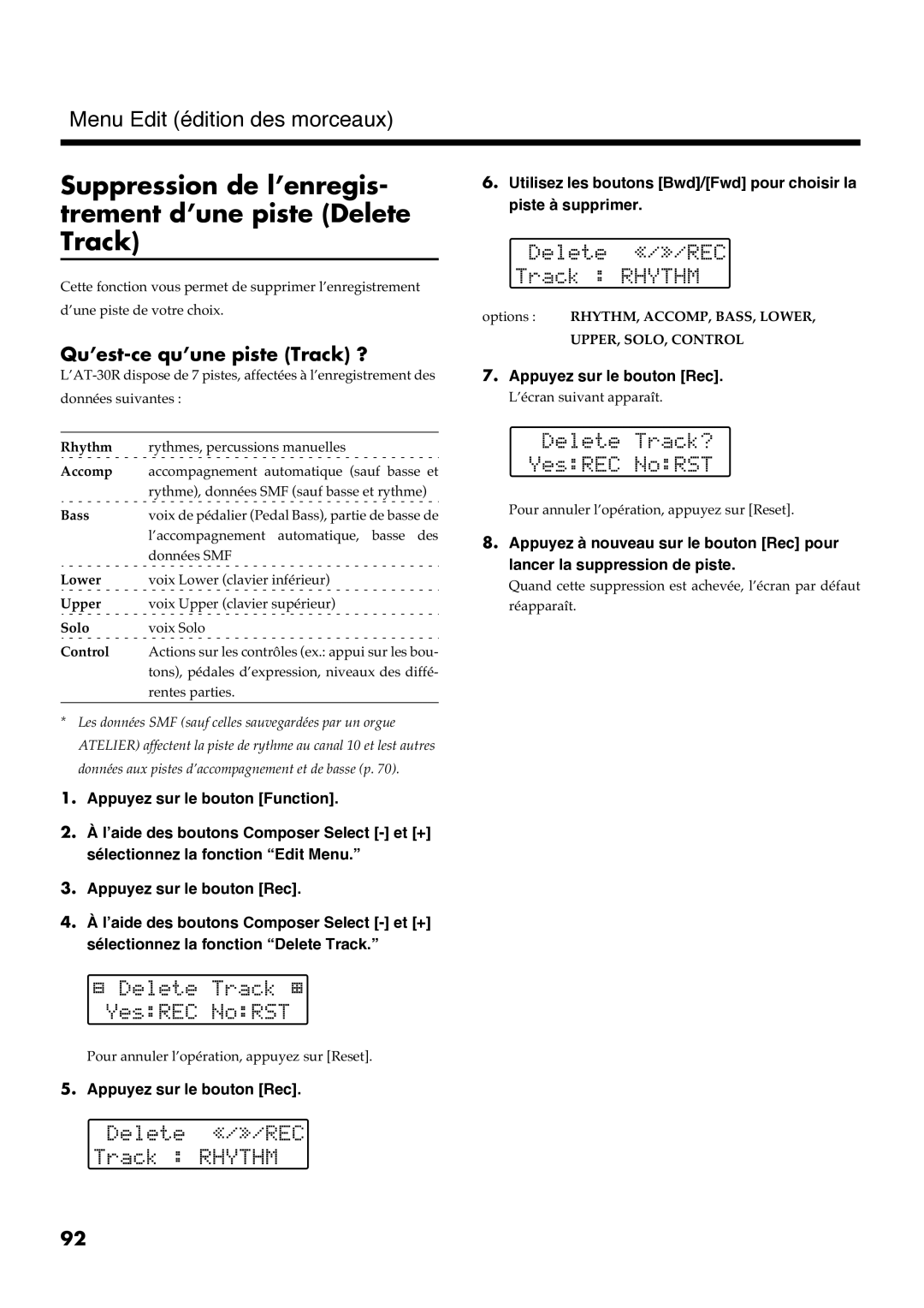 Roland AT30R manual Suppression de l’enregis- trement d’une piste Delete Track 