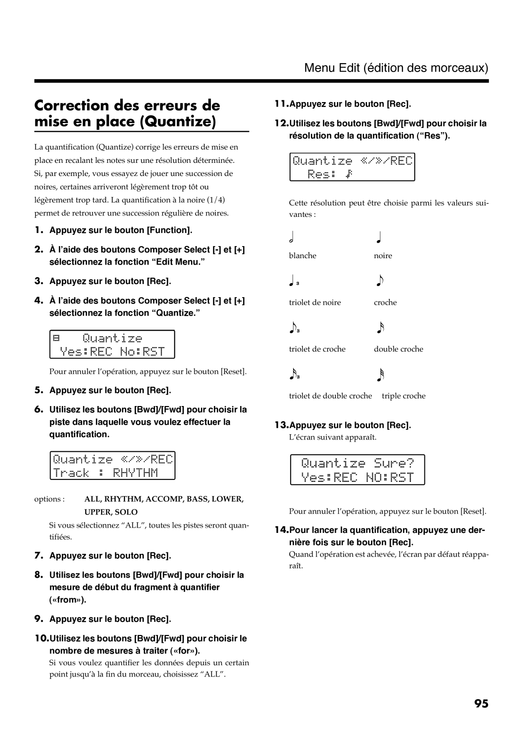 Roland AT30R manual Correction des erreurs de mise en place Quantize 