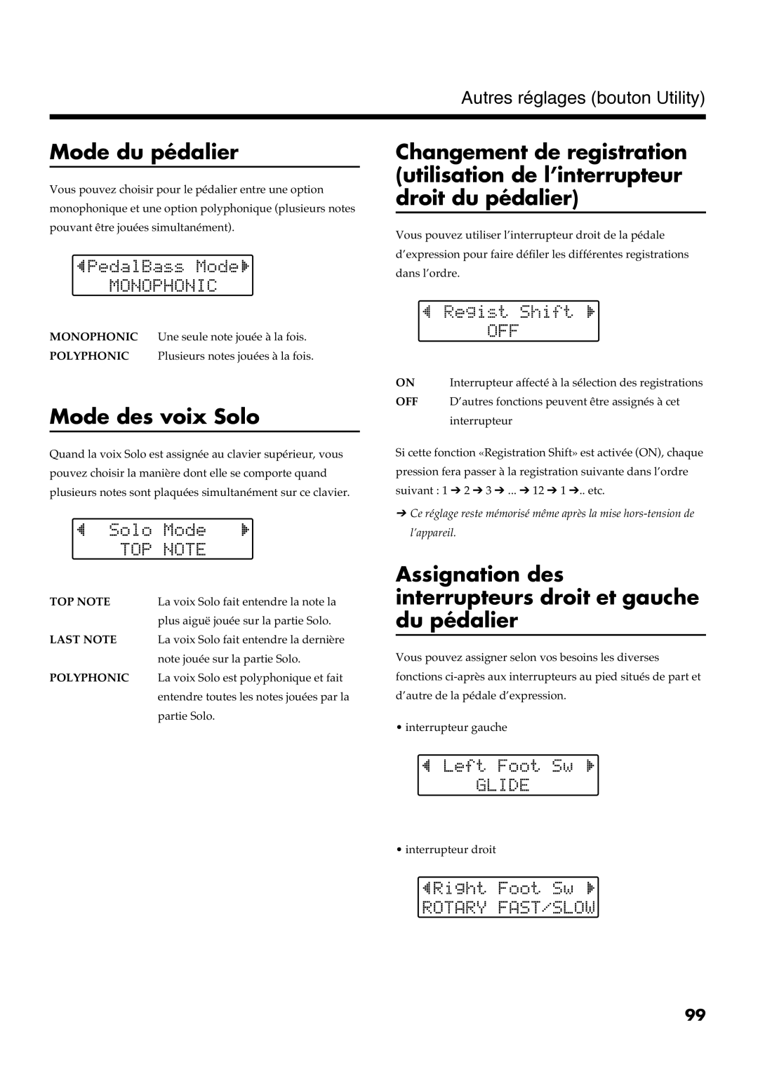 Roland AT30R manual Mode du pédalier, Mode des voix Solo, Assignation des interrupteurs droit et gauche du pédalier 