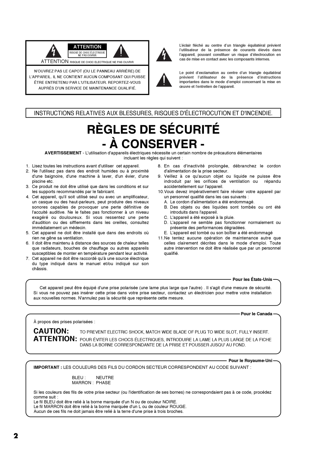Roland AT30R manual Règles De Sécurité À Conserver, Pour les États-Unis, Pour le Canada, Pour le Royaume-Uni 