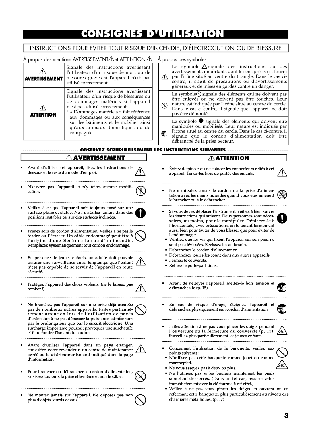 Roland AT30R manual Consignes Dutilisation, Observez Scrupuleusement Les Instructions Suivantes 