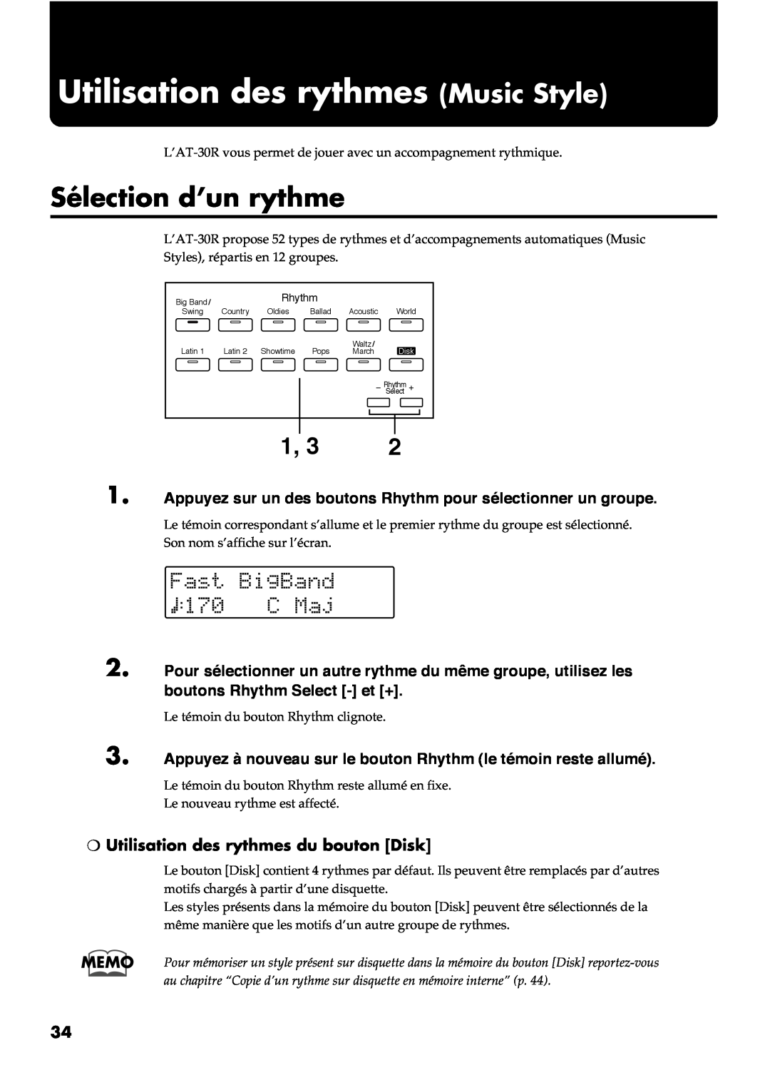 Roland AT30R manual Utilisation des rythmes Music Style, Sélection d’un rythme, Utilisation des rythmes du bouton Disk 