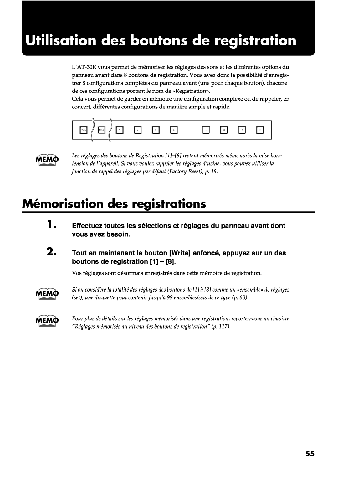 Roland AT30R manual Utilisation des boutons de registration, Mémorisation des registrations, Memo Memo 