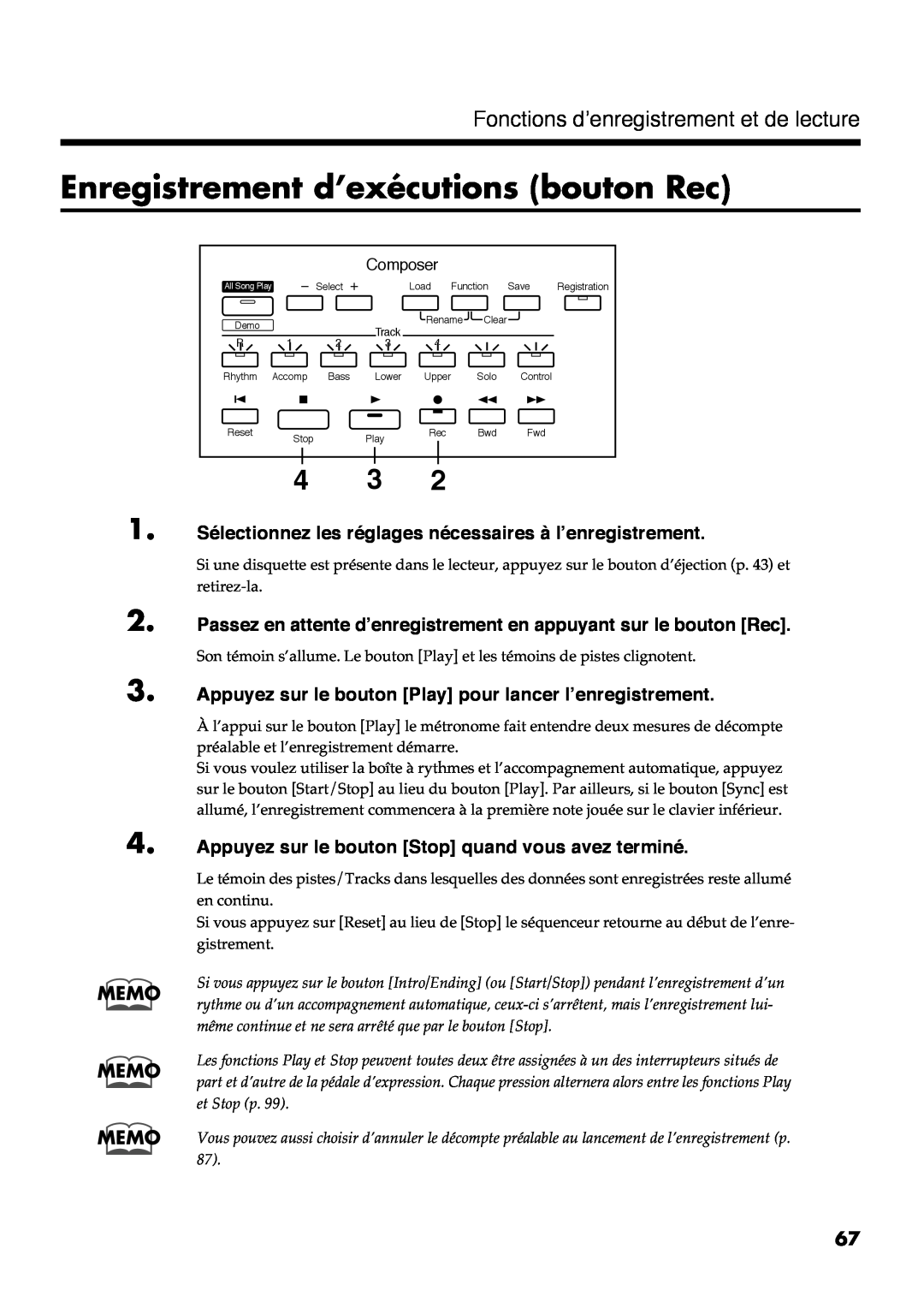Roland AT30R manual Enregistrement d’exécutions bouton Rec, Fonctions d’enregistrement et de lecture 