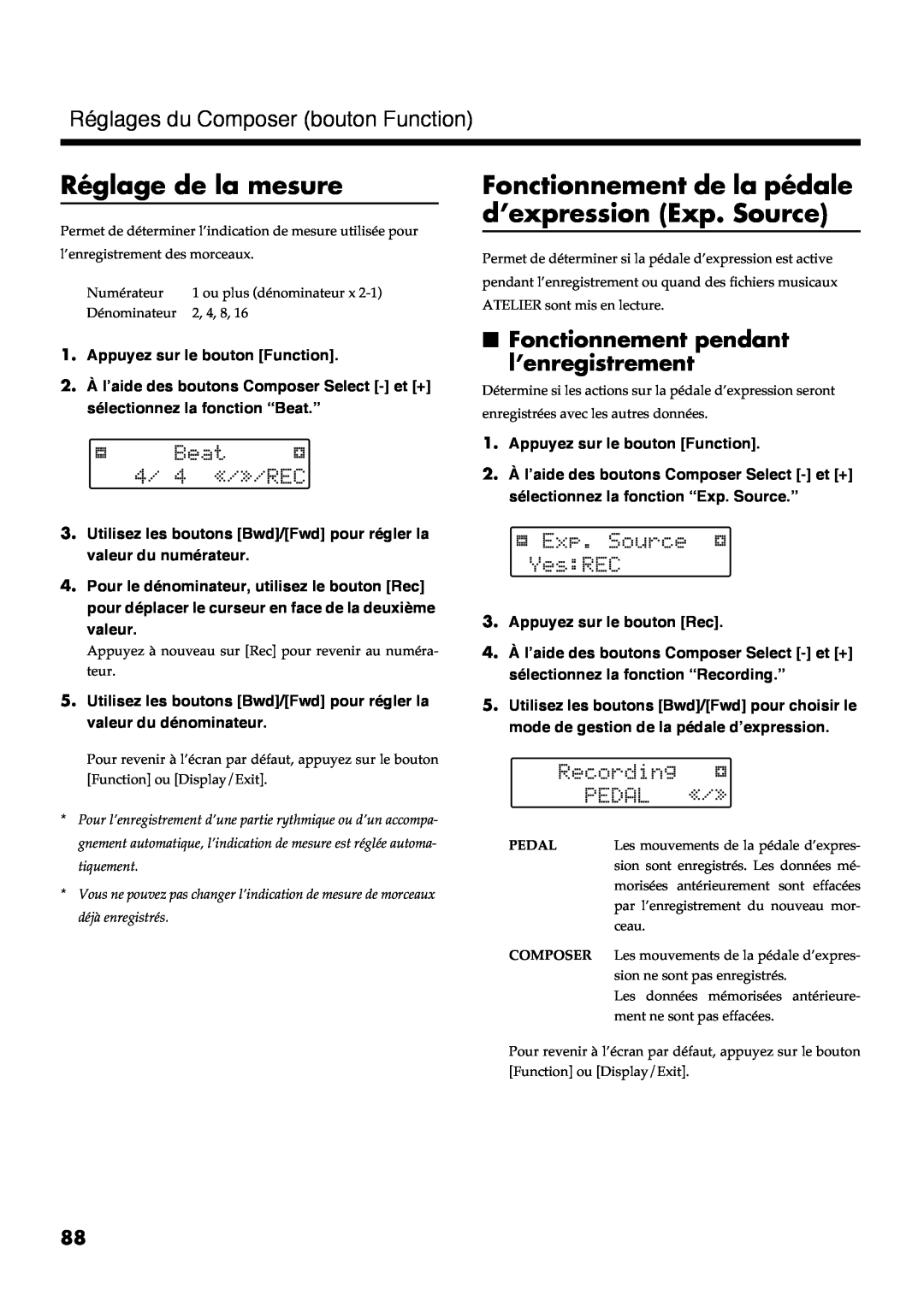 Roland AT30R manual Réglage de la mesure, Fonctionnement de la pédale d’expression Exp. Source 