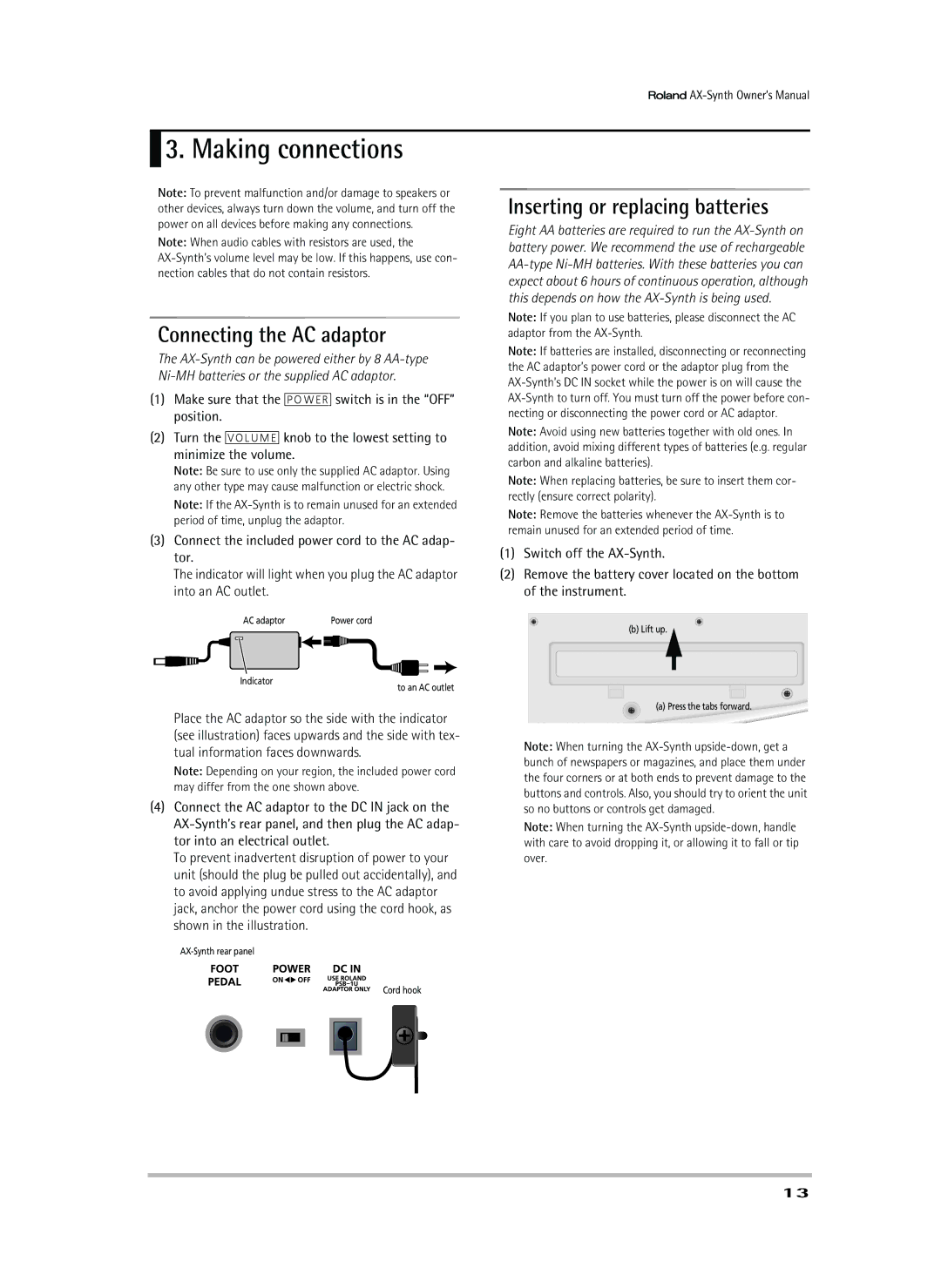 Roland AX-Synth owner manual Making connections, Connecting the AC adaptor, Inserting or replacing batteries 