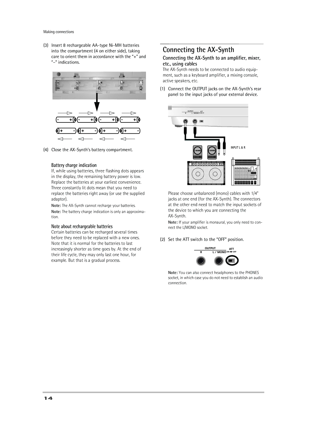 Roland owner manual Connecting the AX-Synth, Battery charge indication 