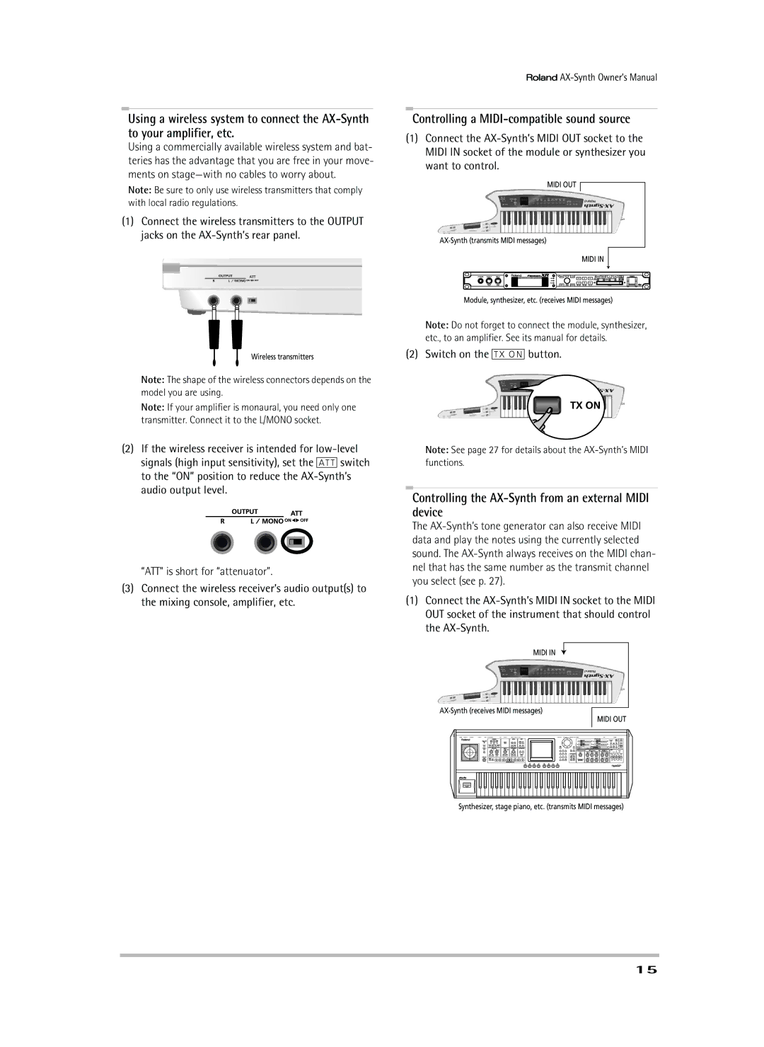 Roland owner manual Controlling a MIDI-compatible sound source, Controlling the AX-Synth from an external Midi device 