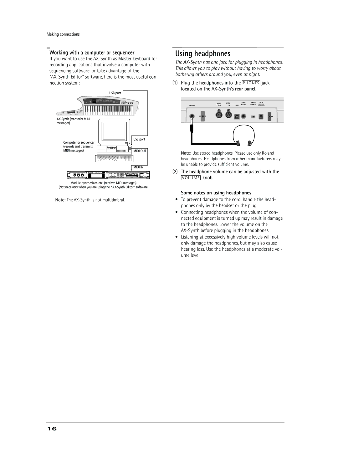 Roland AX-Synth owner manual Using headphones, Working with a computer or sequencer, Some notes on using headphones 