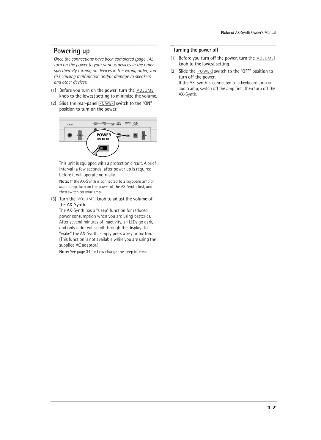 Roland AX-Synth owner manual Powering up, Turning the power off 