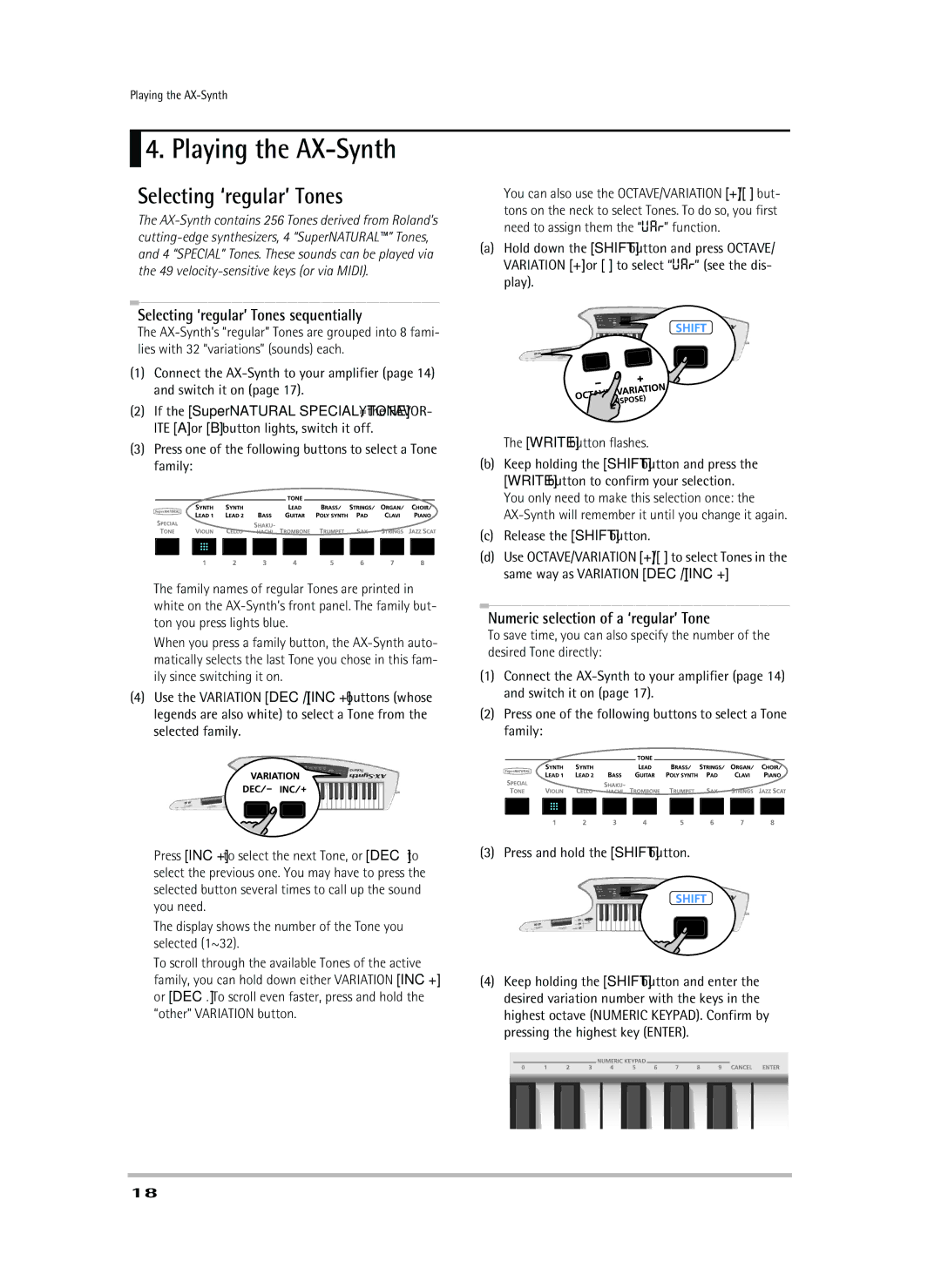 Roland Playing the AX-Synth, Selecting ‘regular’ Tones sequentially, Numeric selection of a ‘regular’ Tone 