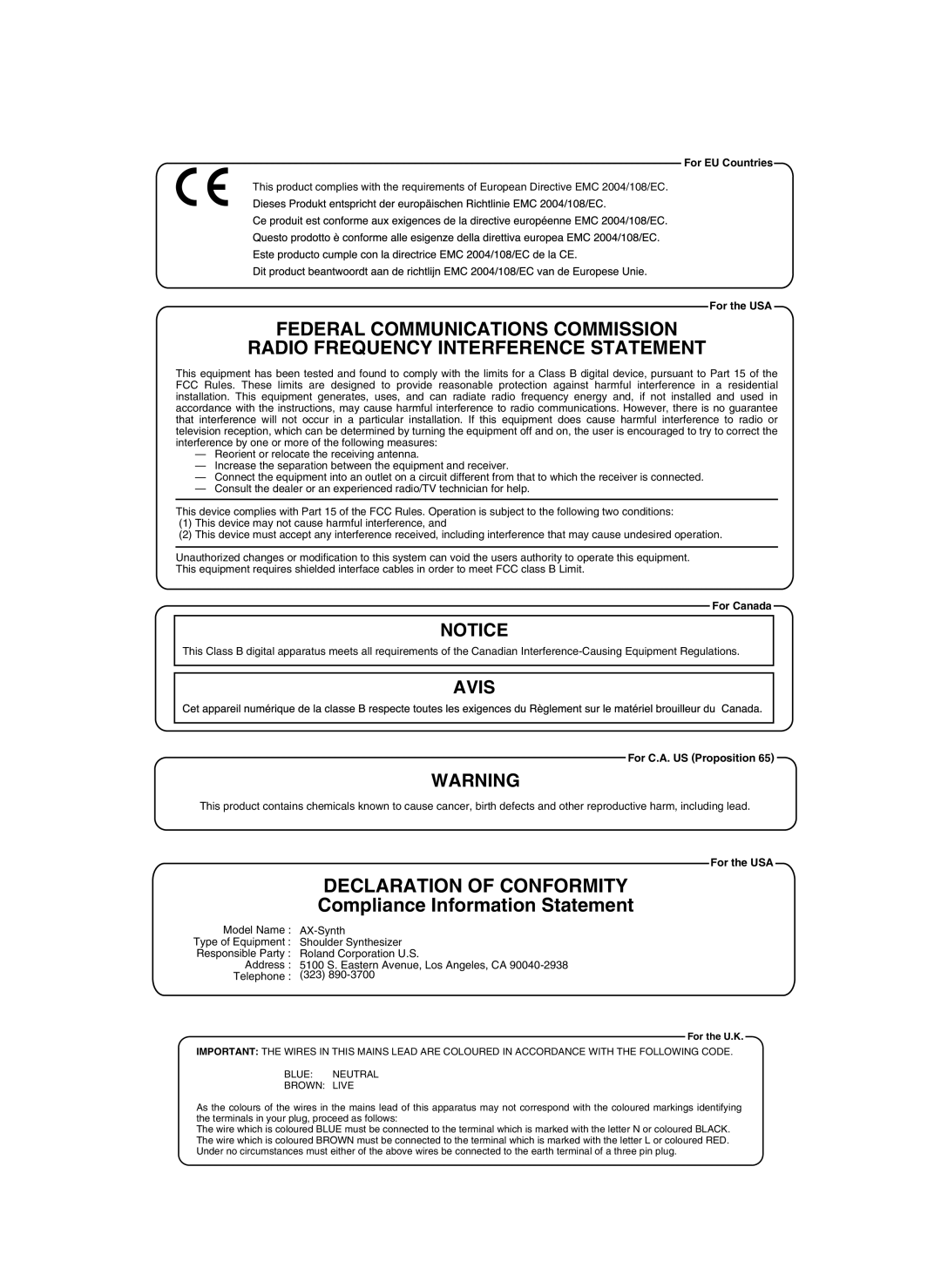 Roland AX-Synth owner manual Declaration of Conformity 