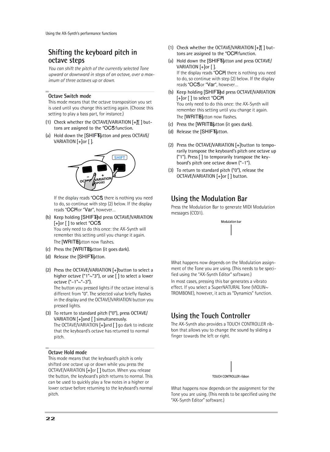 Roland AX-Synth Shifting the keyboard pitch in octave steps, Using the Modulation Bar, Using the Touch Controller 