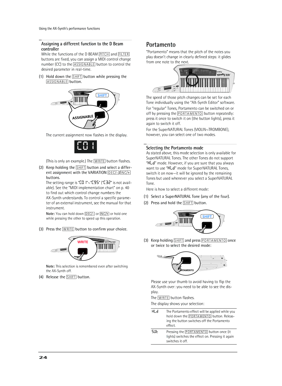 Roland AX-Synth owner manual Assigning a different function to the D Beam controller, Selecting the Portamento mode 