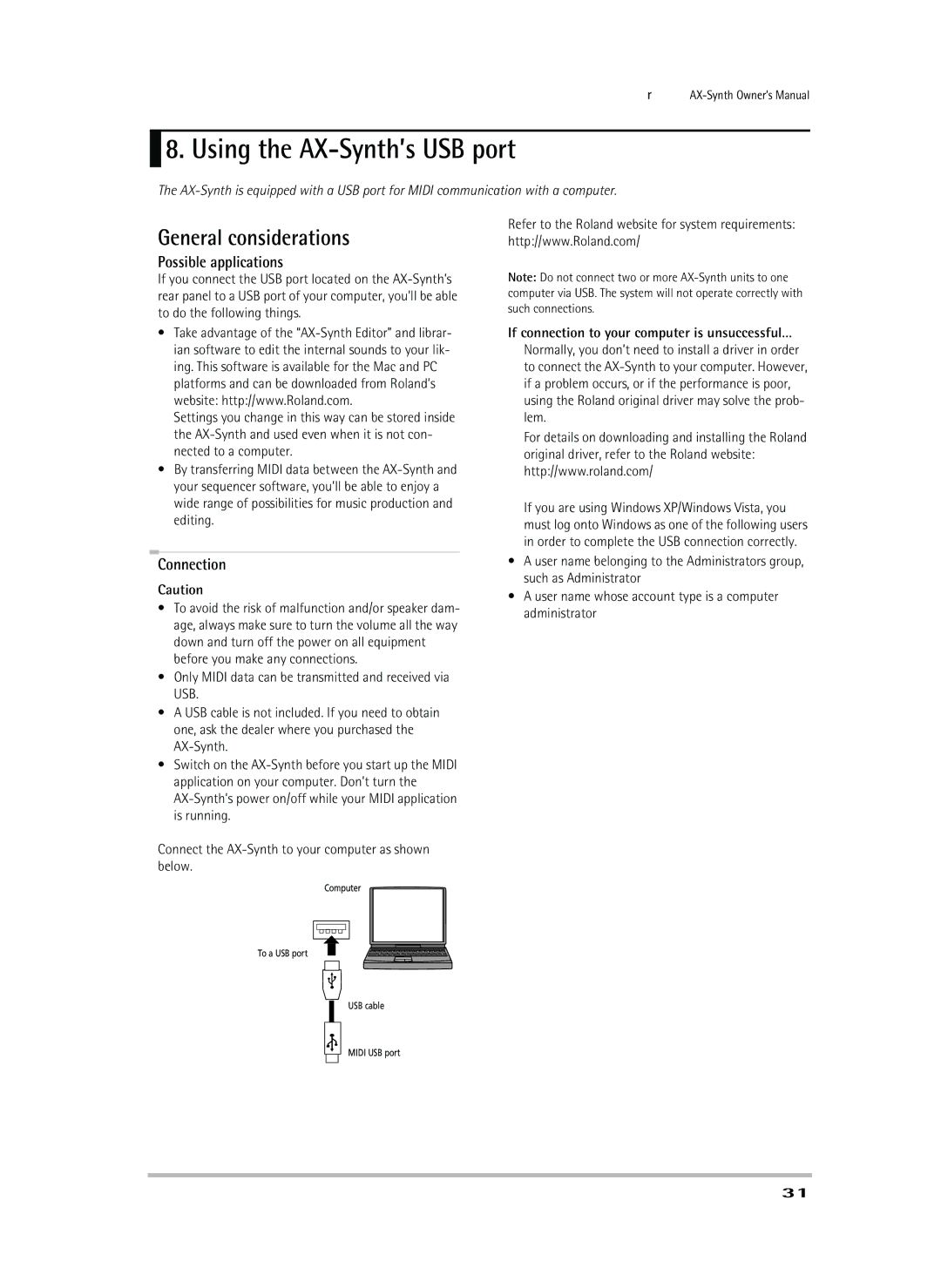 Roland owner manual Using the AX-Synth’s USB port, General considerations, Possible applications, Connection 