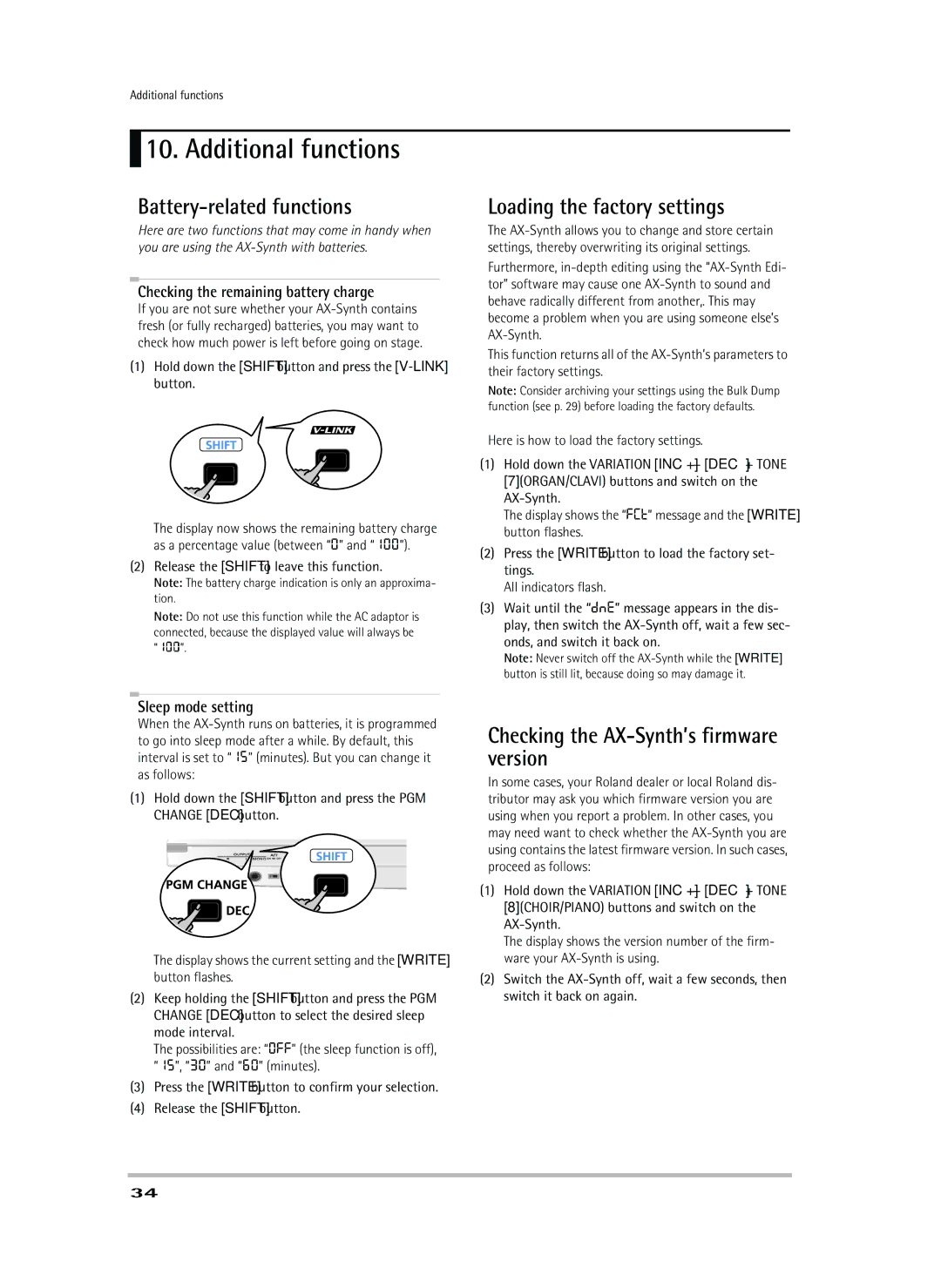 Roland owner manual Battery-related functions, Loading the factory settings, Checking the AX-Synth’s firmware version 