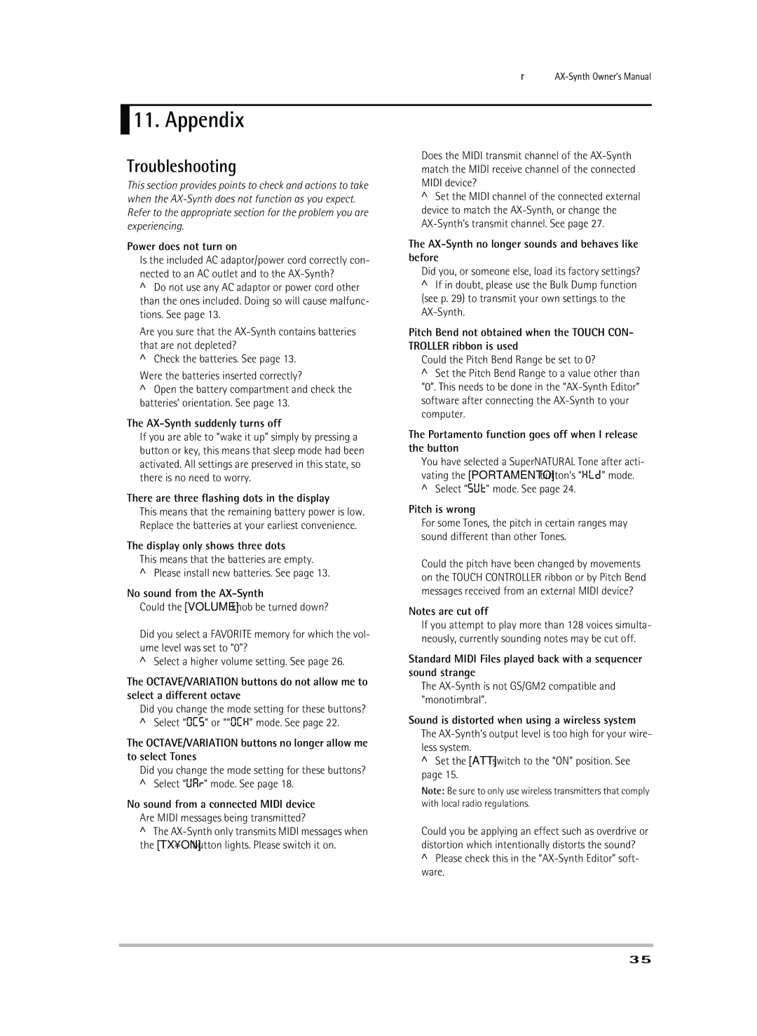 Roland AX-Synth owner manual Appendix, Troubleshooting 