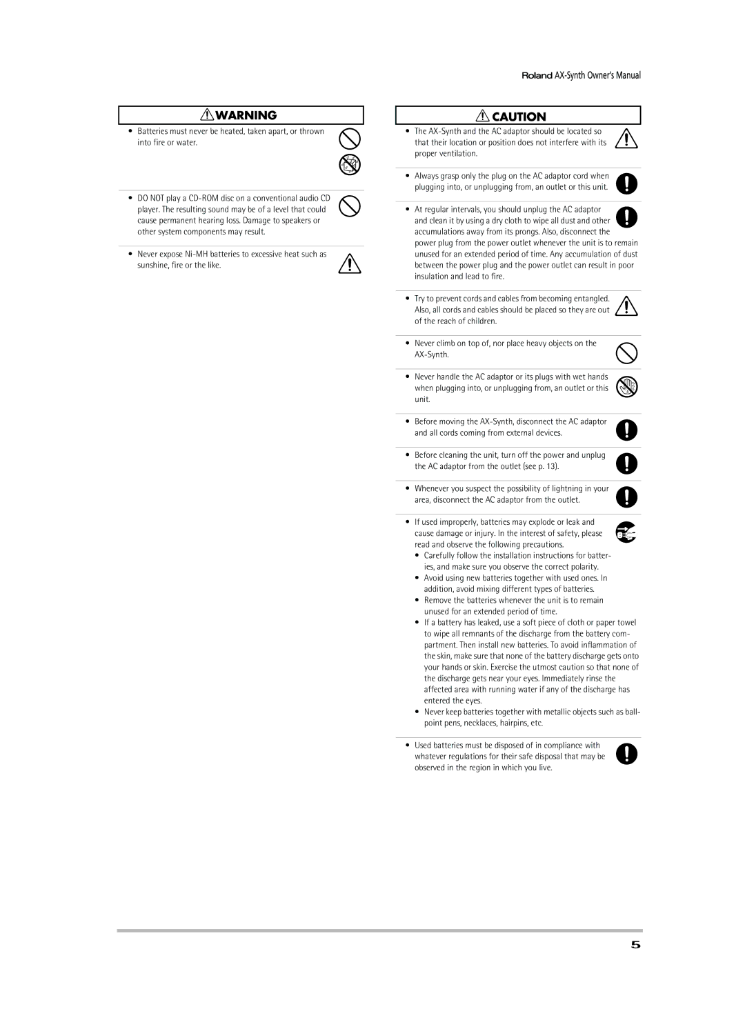 Roland AX-Synth owner manual If used improperly, batteries may explode or leak 