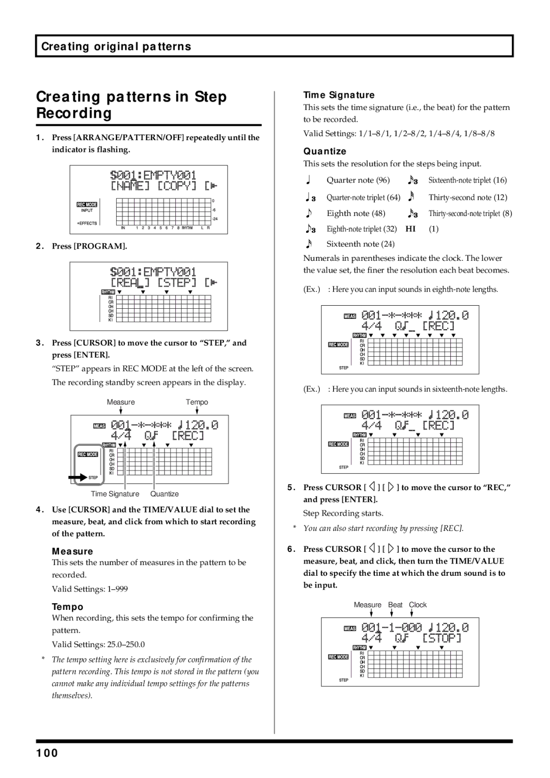 Roland BR-864 owner manual Creating patterns in Step Recording, 100 