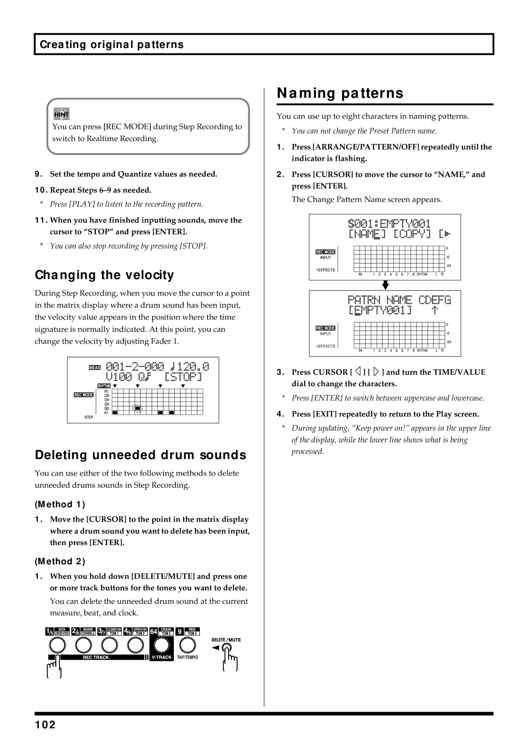 Roland BR-864 owner manual Naming patterns, Changing the velocity, 102, Method 