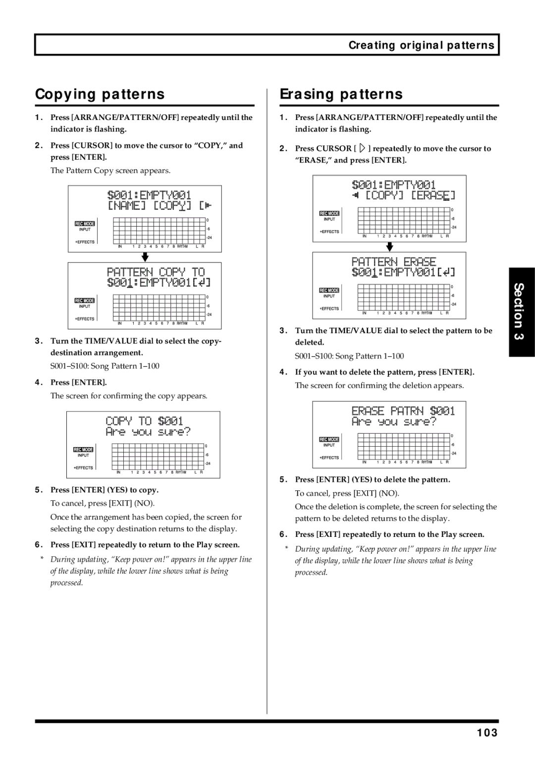 Roland BR-864 owner manual Copying patterns, Erasing patterns, 103 