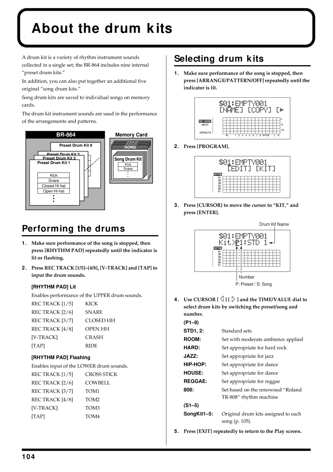 Roland BR-864 owner manual About the drum kits, Selecting drum kits, Performing the drums 