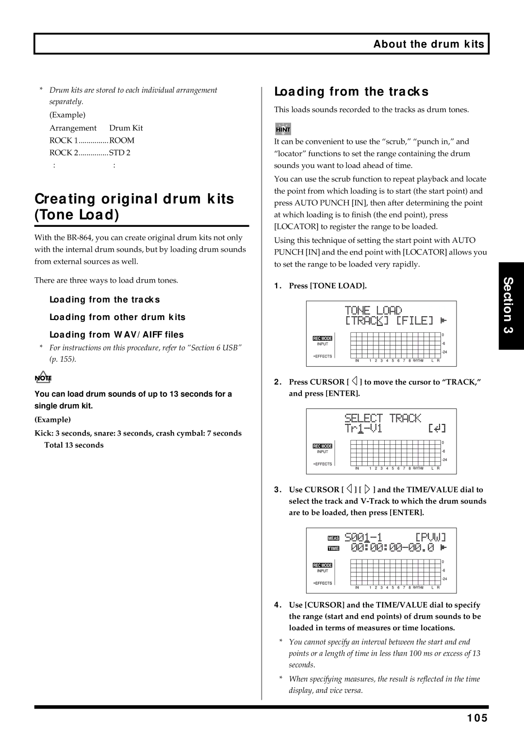 Roland BR-864 owner manual Creating original drum kits Tone Load, Loading from the tracks, About the drum kits, 105 