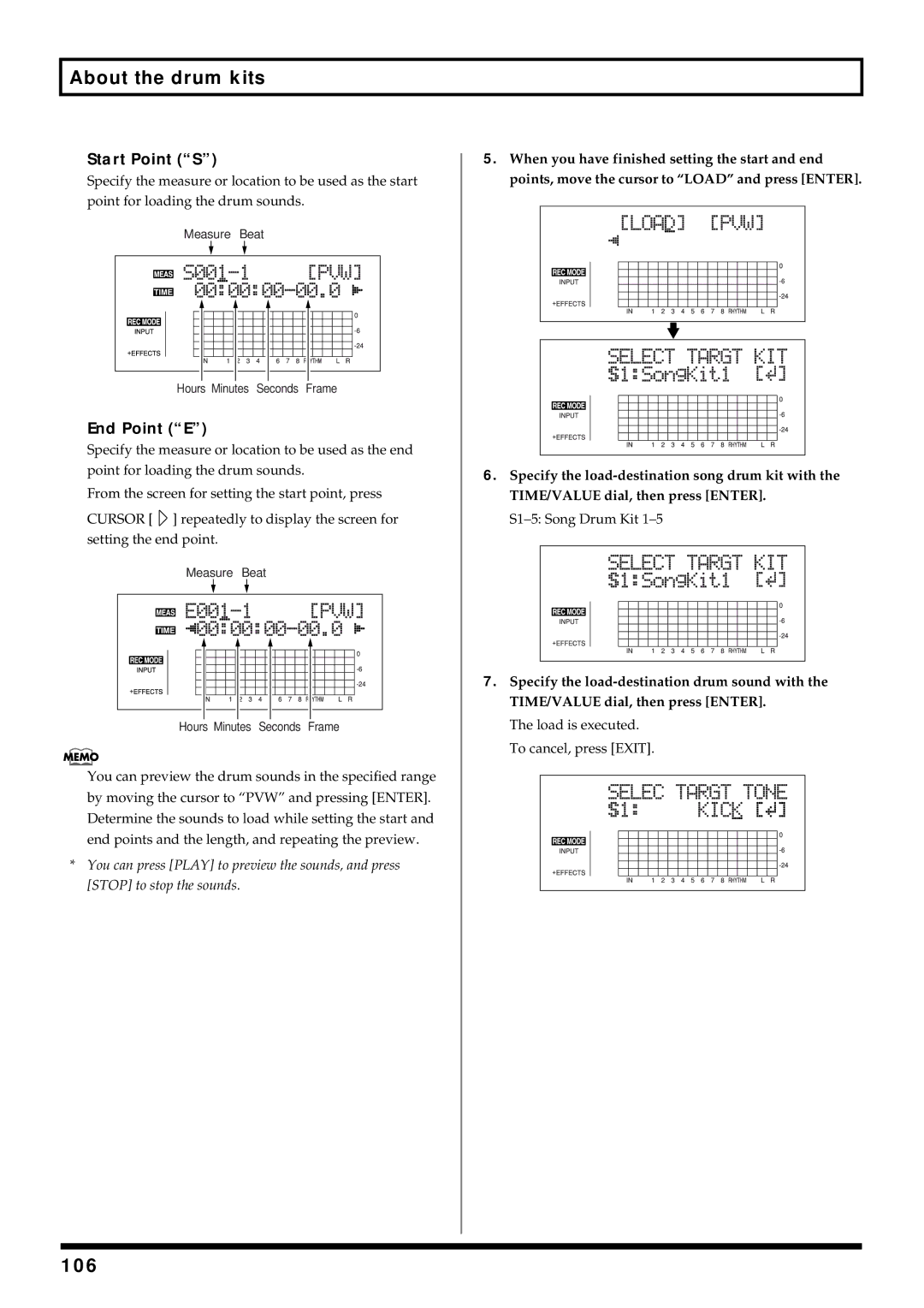 Roland BR-864 owner manual 106, Start Point S, End Point E 