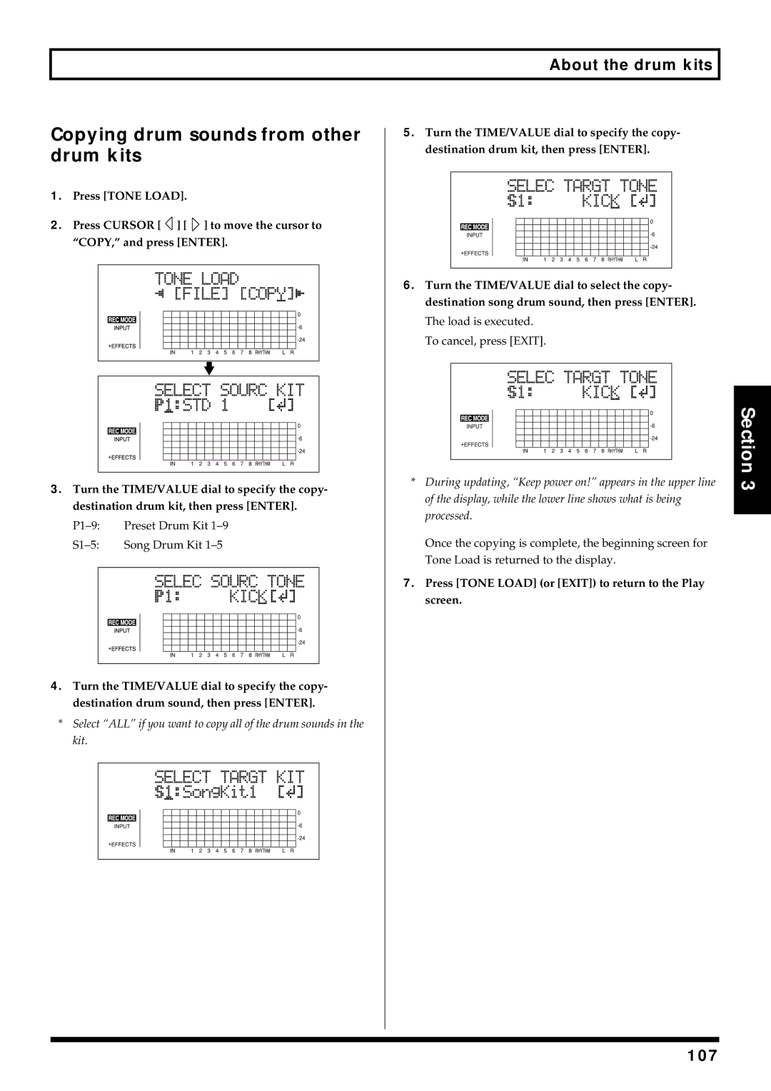 Roland BR-864 Copying drum sounds from other drum kits, 107, Press Tone Load or Exit to return to the Play screen 