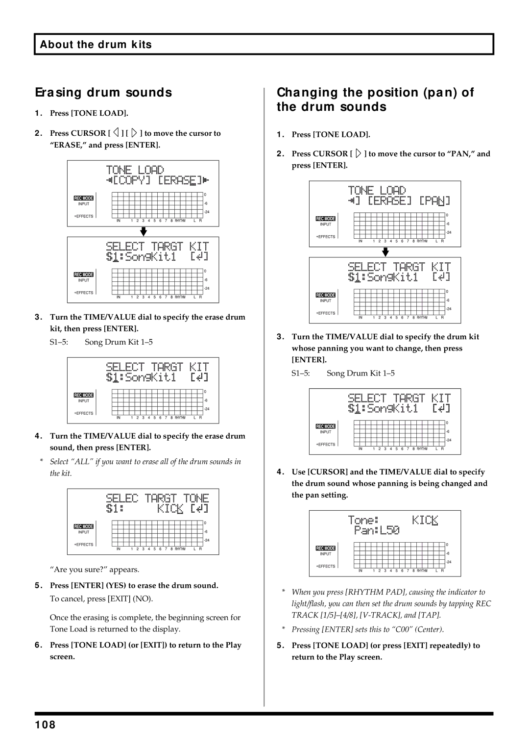 Roland BR-864 owner manual Erasing drum sounds, Changing the position pan of the drum sounds, 108 