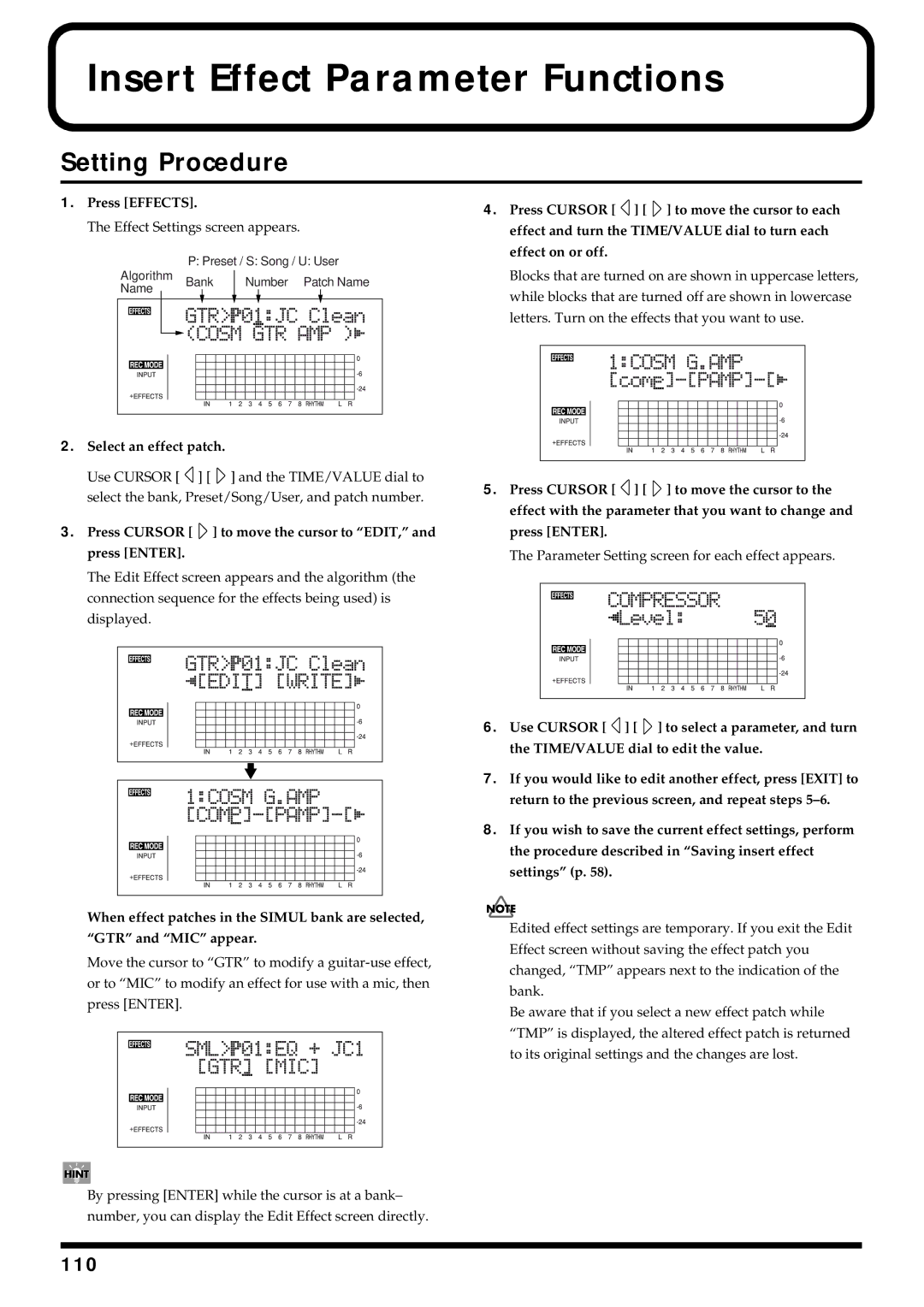 Roland BR-864 owner manual Insert Effect Parameter Functions, Setting Procedure 