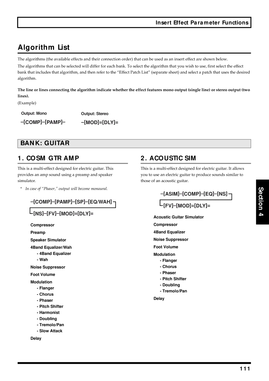 Roland BR-864 owner manual Algorithm List, Insert Effect Parameter Functions, 111 