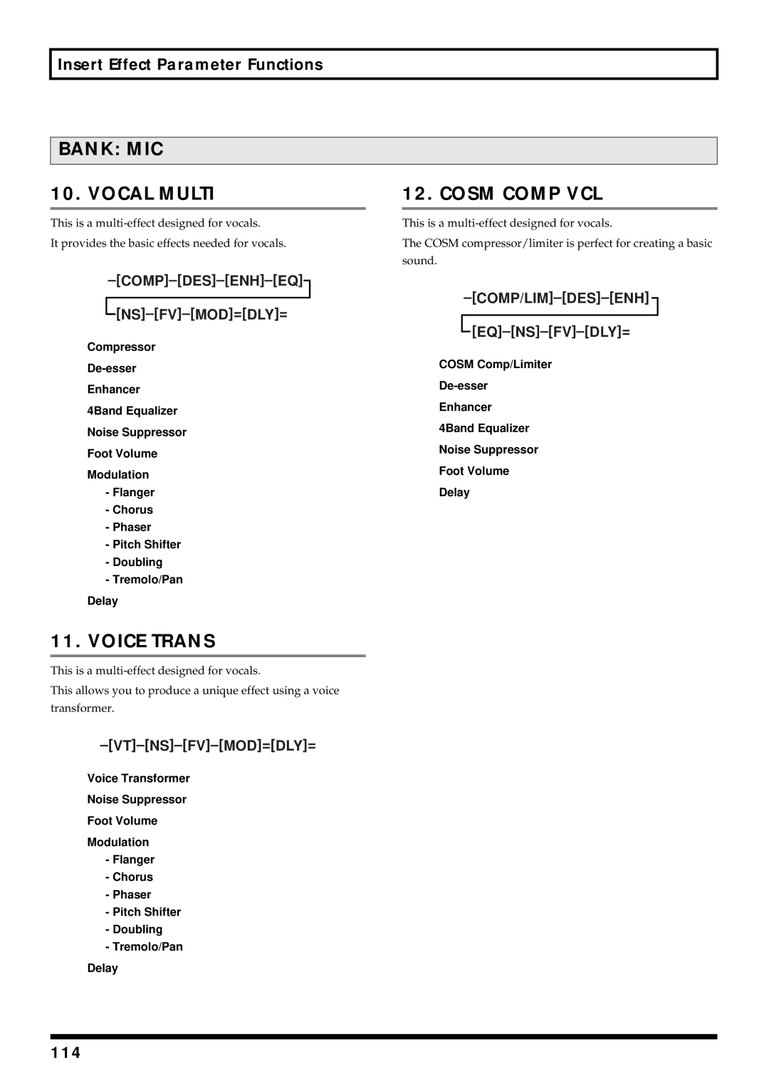 Roland BR-864 owner manual Bank MIC Vocal Multi Cosm Comp VCL, 114 