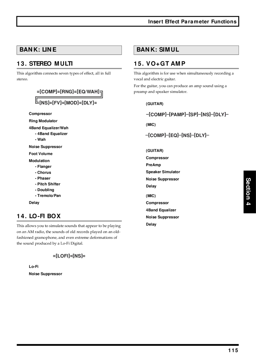 Roland BR-864 owner manual 115, Lo-Fi Noise Suppressor, Guitar 