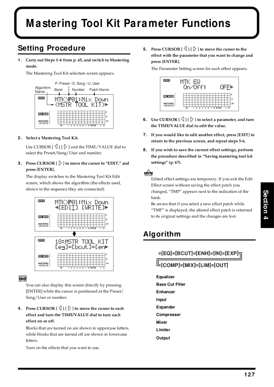 Roland BR-864 owner manual Mastering Tool Kit Parameter Functions, Algorithm 