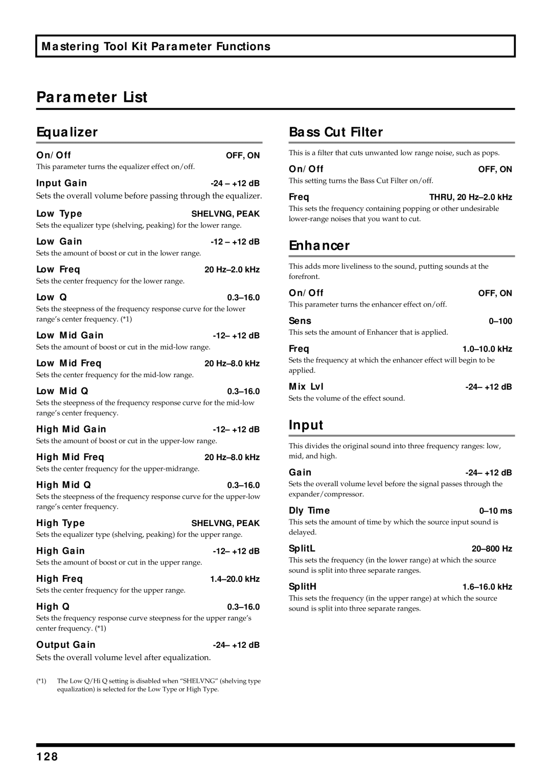 Roland BR-864 owner manual Bass Cut Filter, Input, Mastering Tool Kit Parameter Functions, 128 
