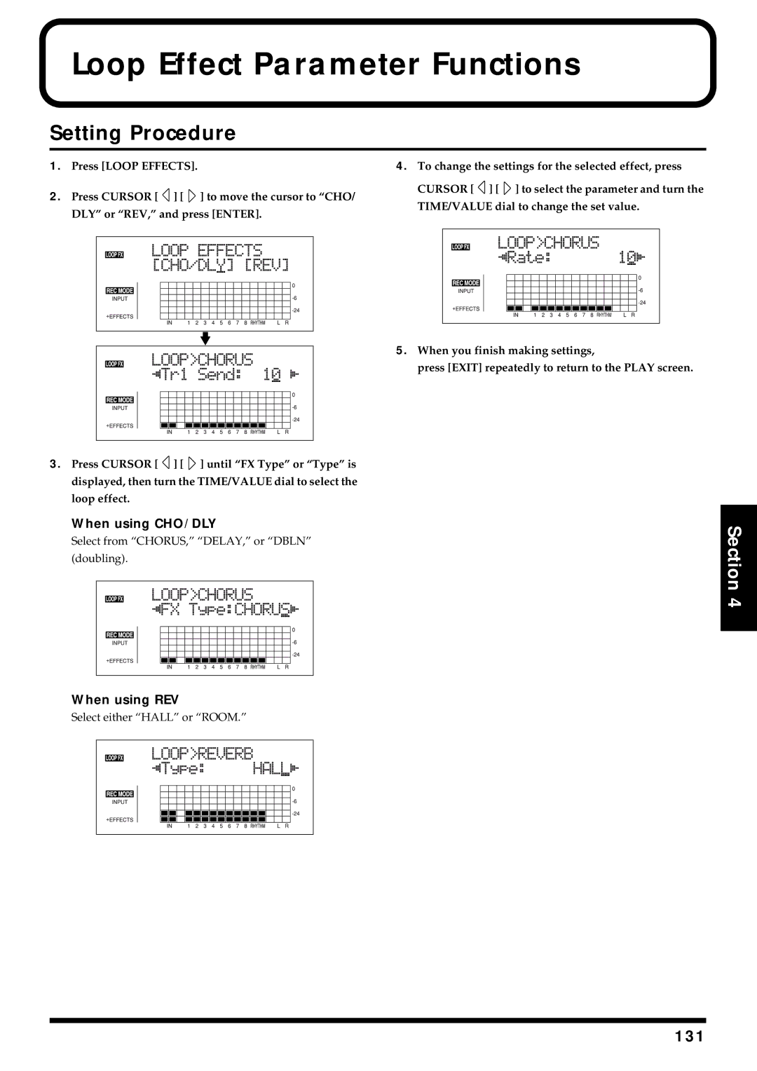 Roland BR-864 owner manual Loop Effect Parameter Functions, Setting Procedure 