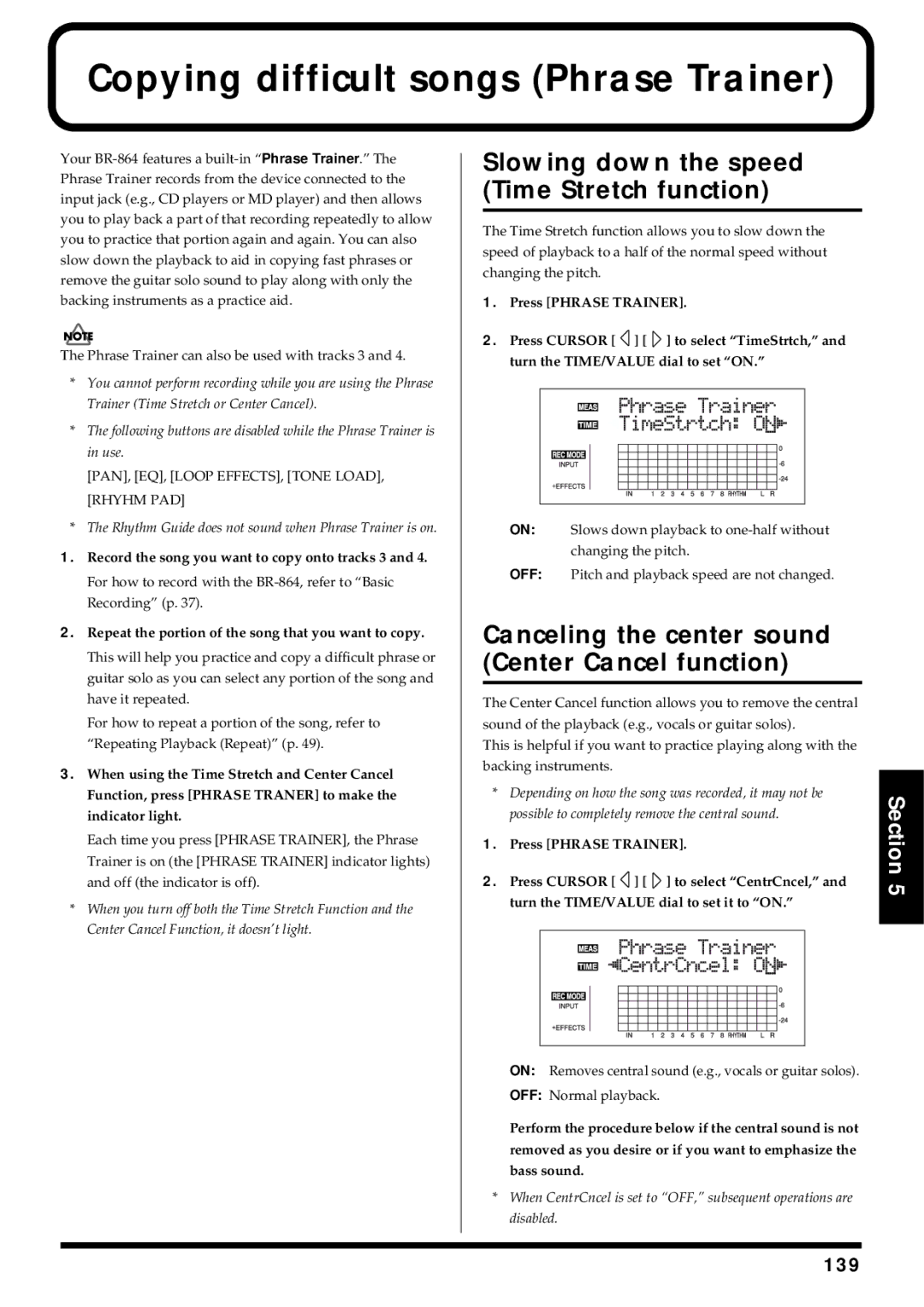 Roland BR-864 owner manual Copying difficult songs Phrase Trainer, Slowing down the speed Time Stretch function 