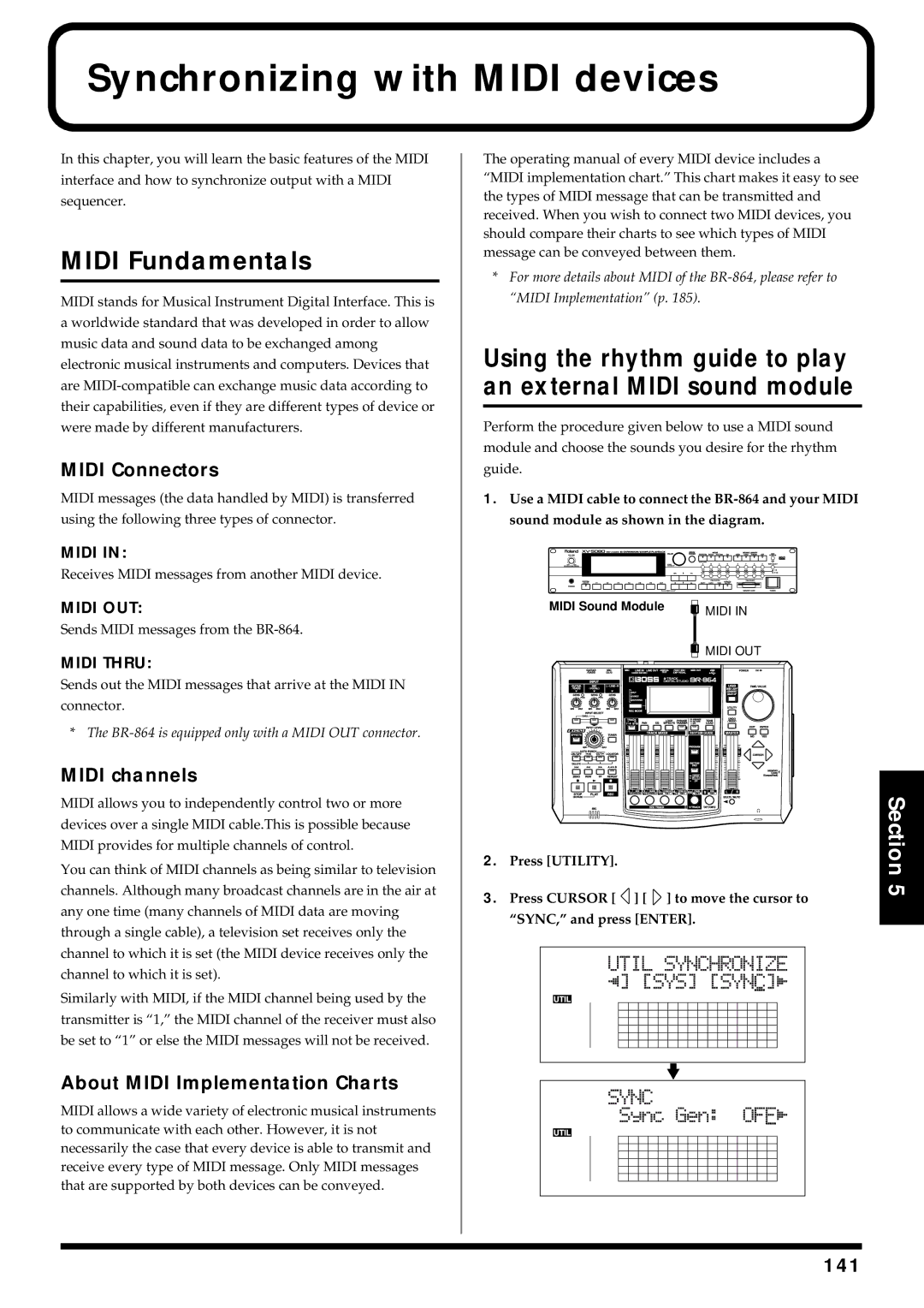 Roland BR-864 owner manual Synchronizing with Midi devices, Midi Fundamentals, Midi Connectors, Midi channels 