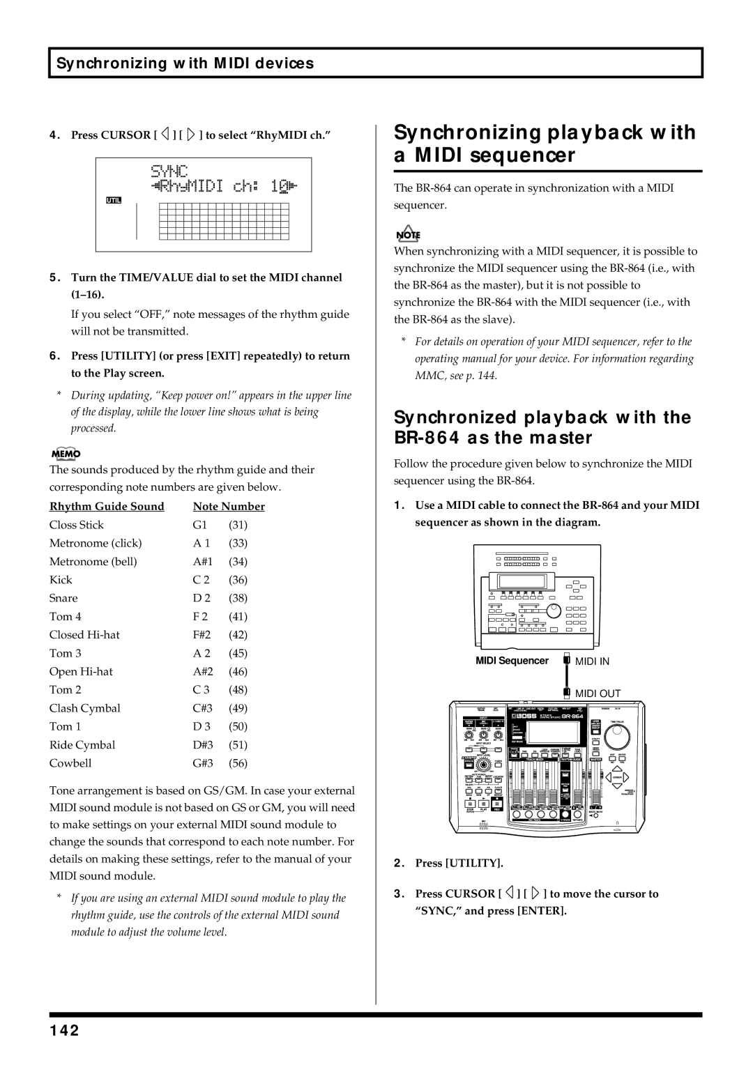 Roland Synchronizing playback with a Midi sequencer, Synchronized playback with the BR-864 as the master, 142 